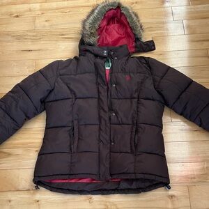 Women’s Brown Puffer Jacket with Faux Fur Hood